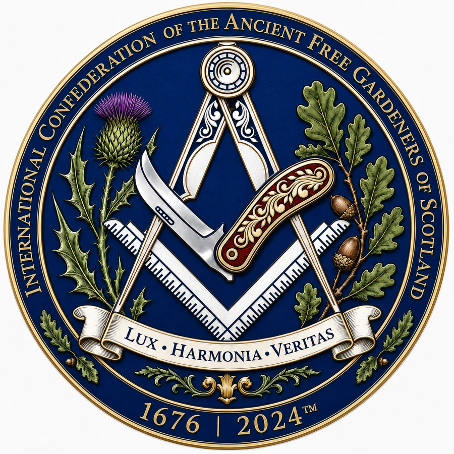 Official ICAFGS emblem: gardening tools, thistle and oak, with Lux · Harmonia · Veritas